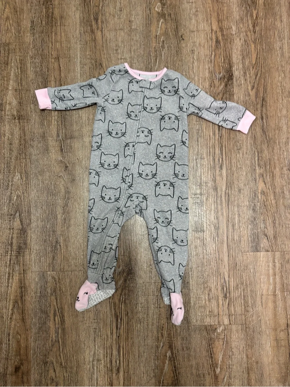 Carter's Gray Cat Print Footed One-Piece with Pink Accents 18Months
